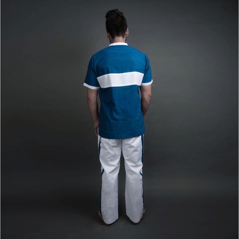 Blue-White Khadi Yoga Kurta Set - Charkha TalesBlue-White Khadi Yoga Kurta Set