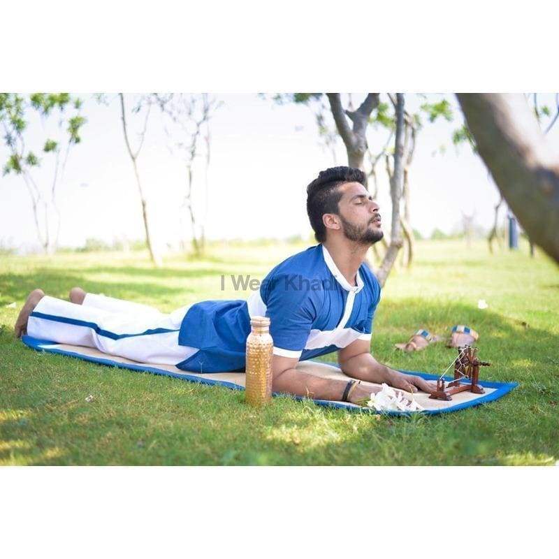 Blue-White Khadi Yoga Kurta Set - Charkha TalesBlue-White Khadi Yoga Kurta Set