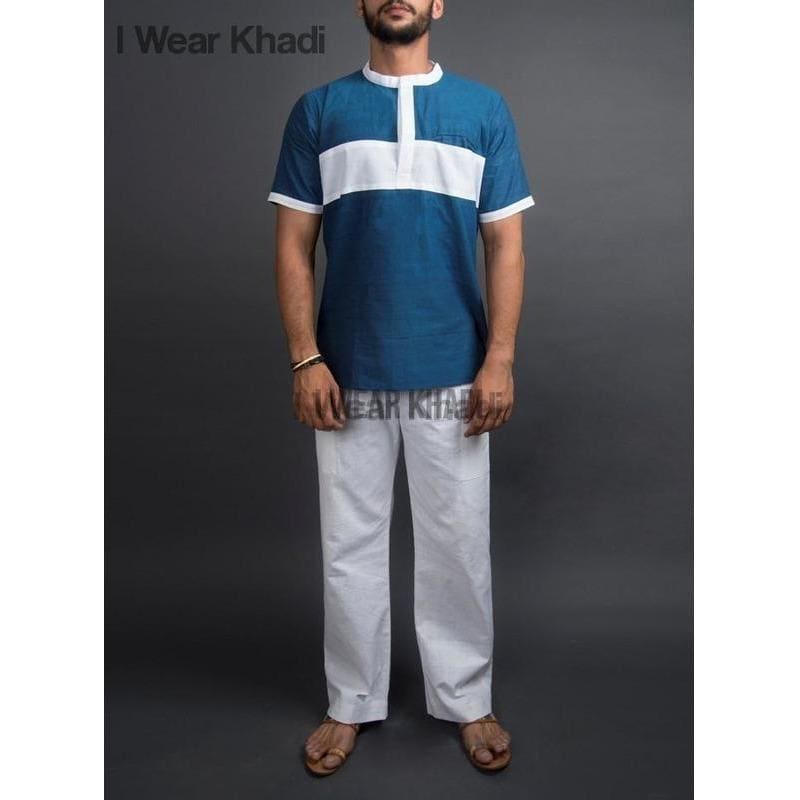 Blue-White Khadi Yoga Kurta Set - Charkha TalesBlue-White Khadi Yoga Kurta Set