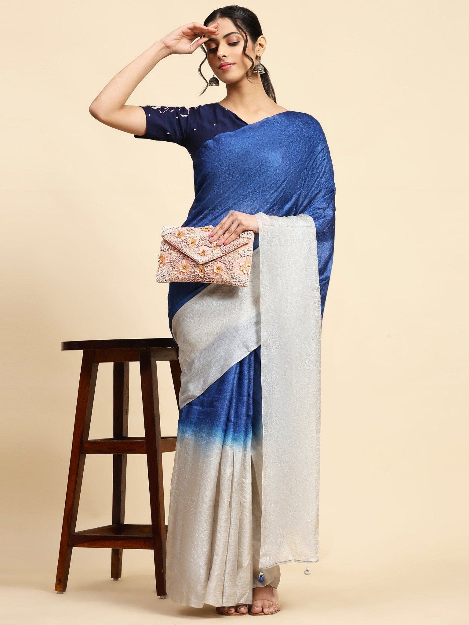 Blue & White Tussar Silk Saree - Charkha TalesBlue & White Tussar Silk Saree