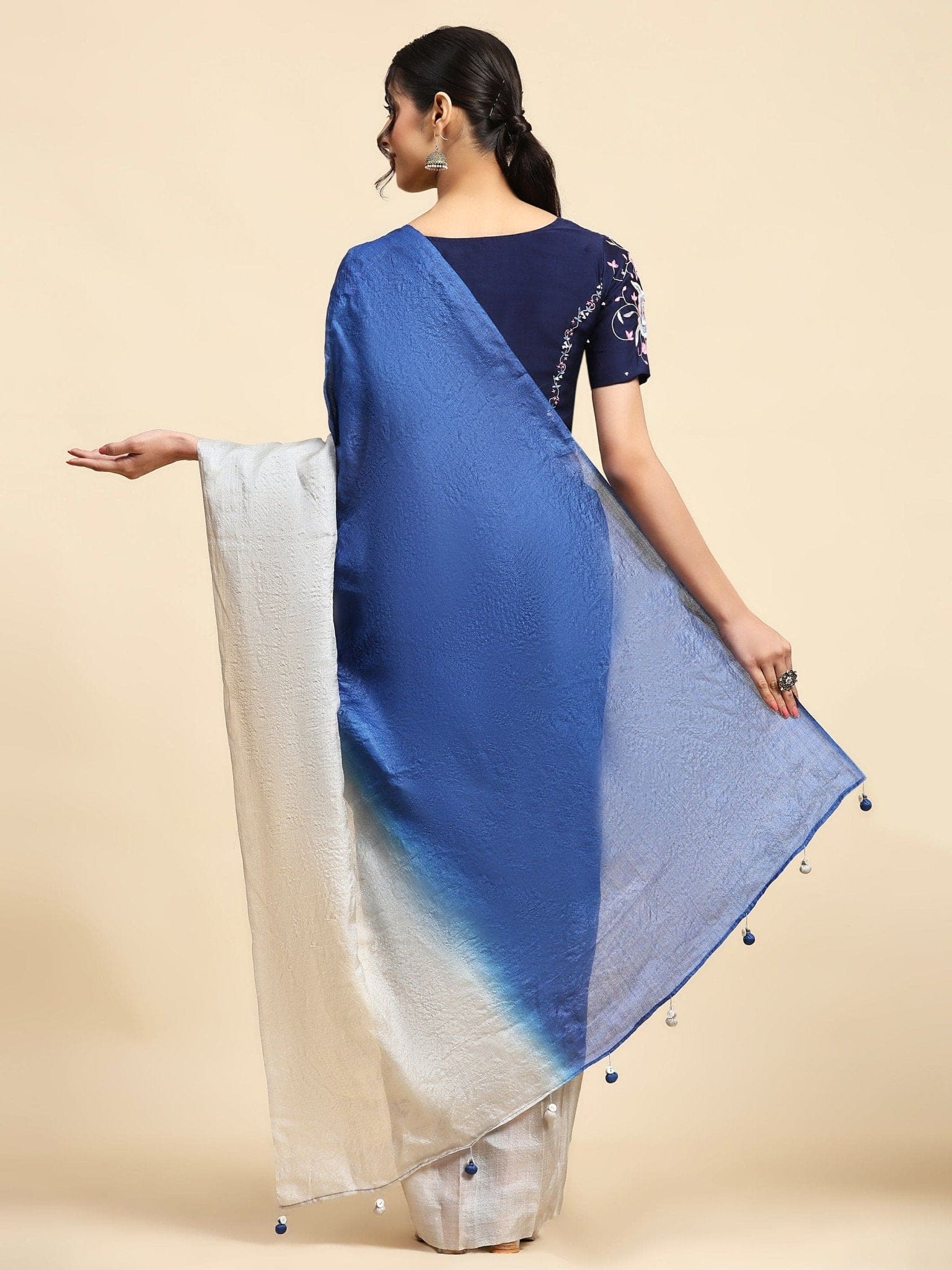Blue & White Tussar Silk Saree - Charkha TalesBlue & White Tussar Silk Saree