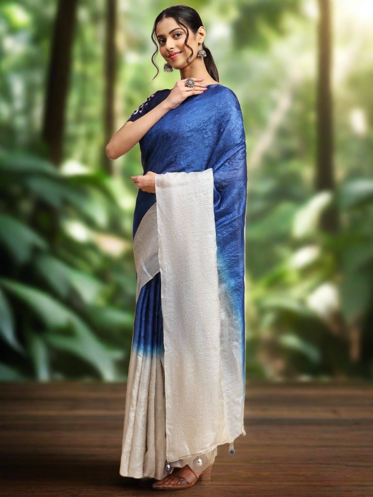 Blue & White Tussar Silk Saree - Charkha TalesBlue & White Tussar Silk Saree