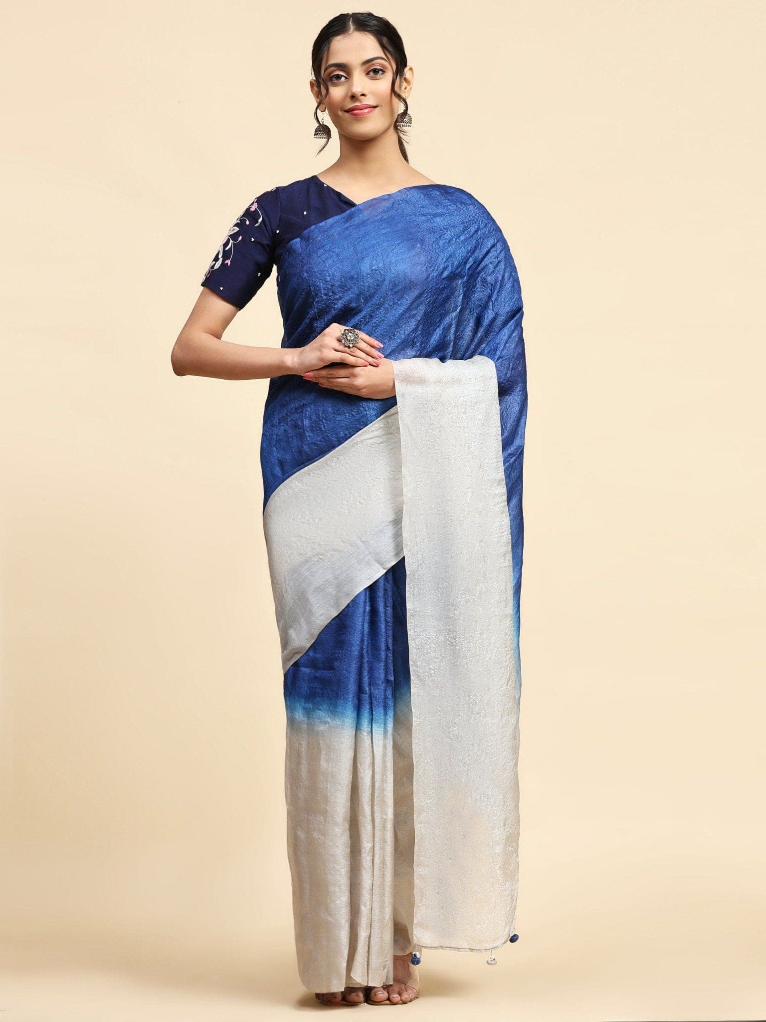 Blue & White Tussar Silk Saree - Charkha TalesBlue & White Tussar Silk Saree