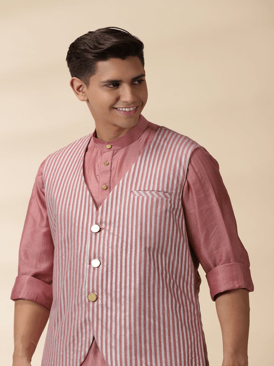 Blush Pink Chanderi Men Jacket - Charkha TalesBlush Pink Chanderi Men Jacket