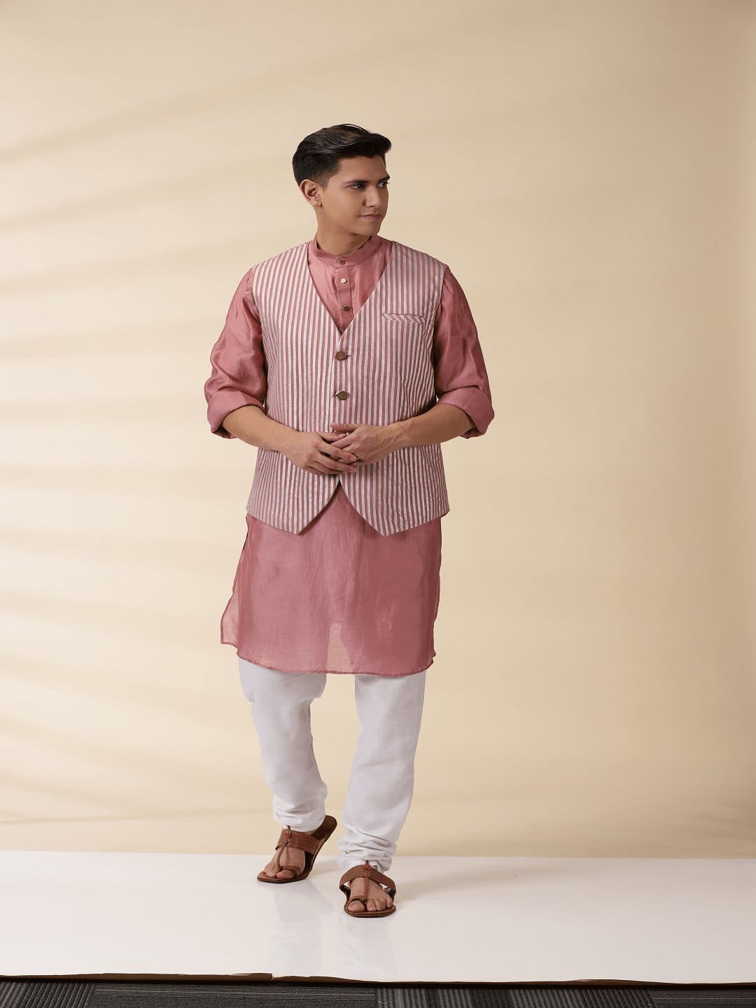 Blush Pink Chanderi Men Jacket - Charkha TalesBlush Pink Chanderi Men Jacket