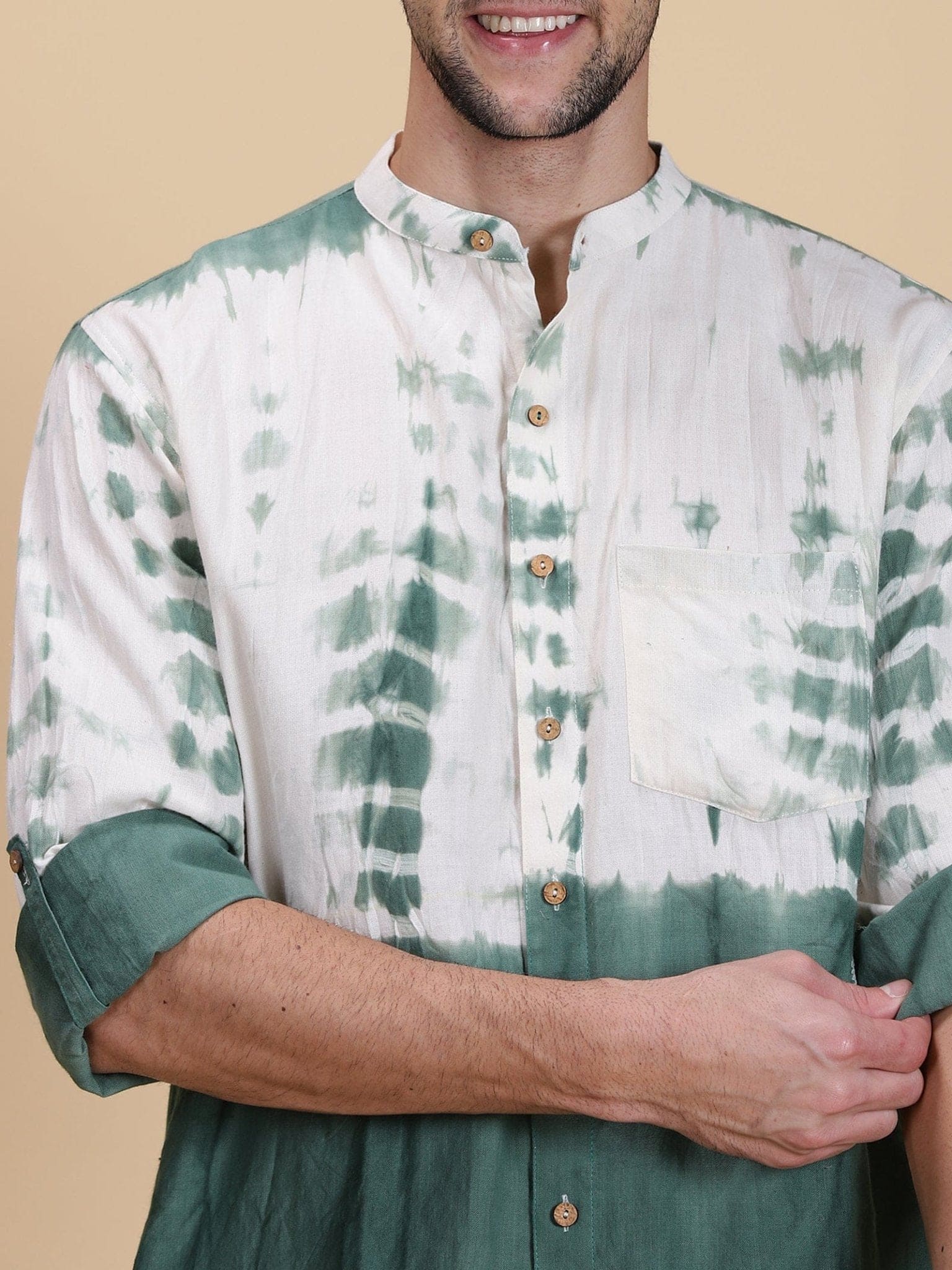 Bottle Green Men Tie Dye Cotton Shirt - Charkha TalesBottle Green Men Tie Dye Cotton Shirt