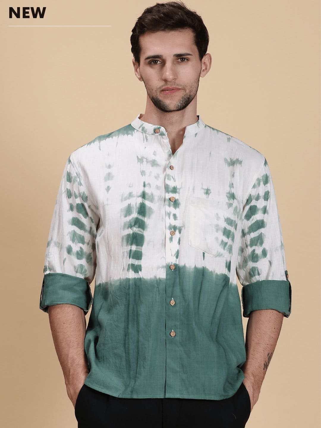 Bottle Green Men Tie Dye Cotton Shirt - Charkha TalesBottle Green Men Tie Dye Cotton Shirt