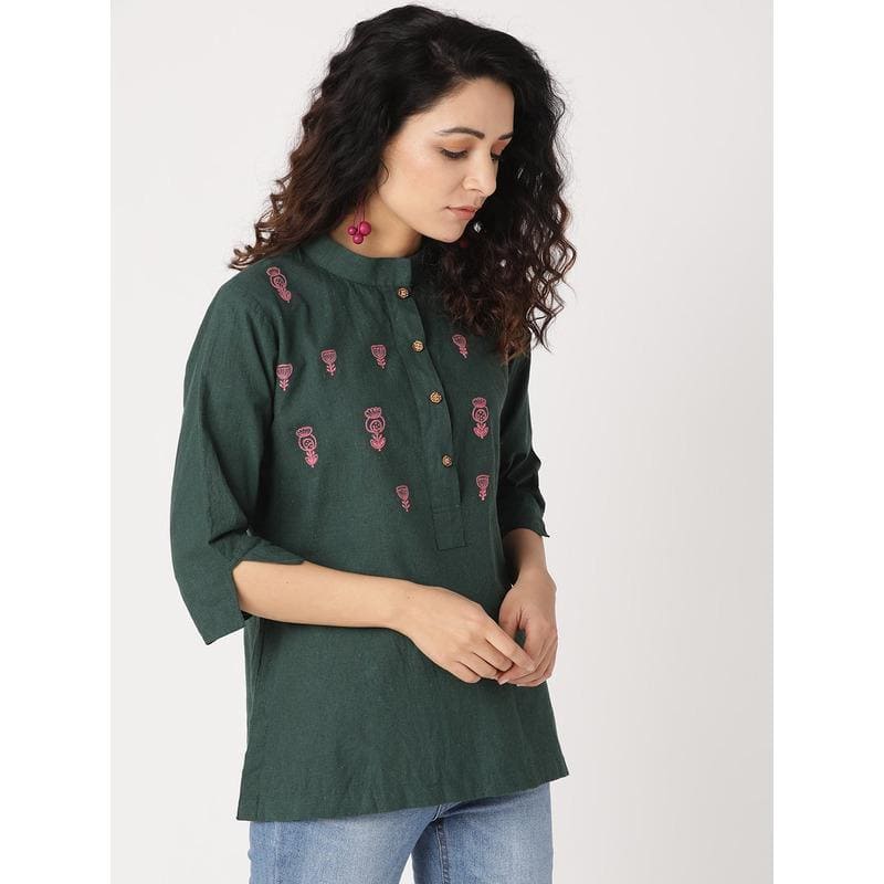 Bottle Green Nordic Top - Charkha TalesBottle Green Nordic Top