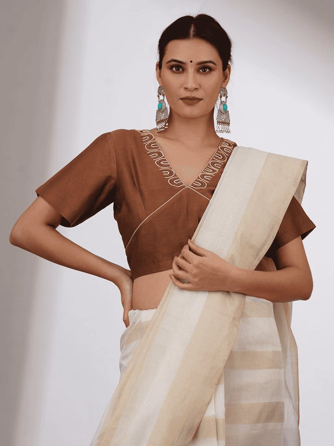 Brown Beads Work Chanderi Silk Blouse - Charkha TalesBrown Beads Work Chanderi Silk Blouse