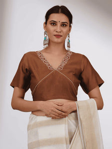 Beads Work Chanderi Silk Blouse - Brown