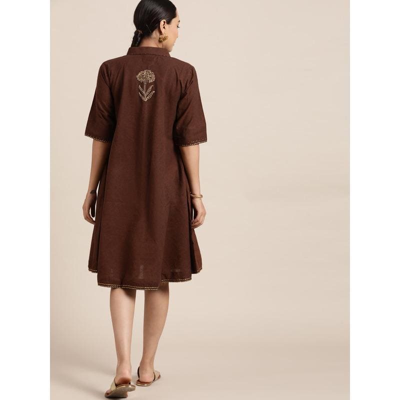 Brown block Print Cotton Dress - Charkha TalesBrown block Print Cotton Dress