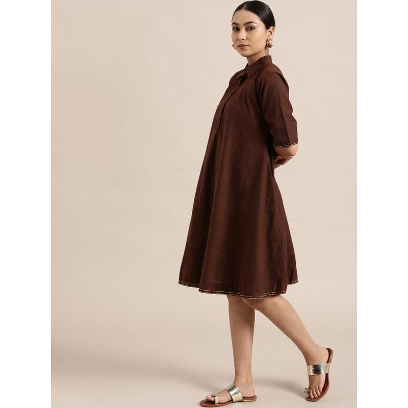 Brown block Print Cotton Dress - Charkha TalesBrown block Print Cotton Dress
