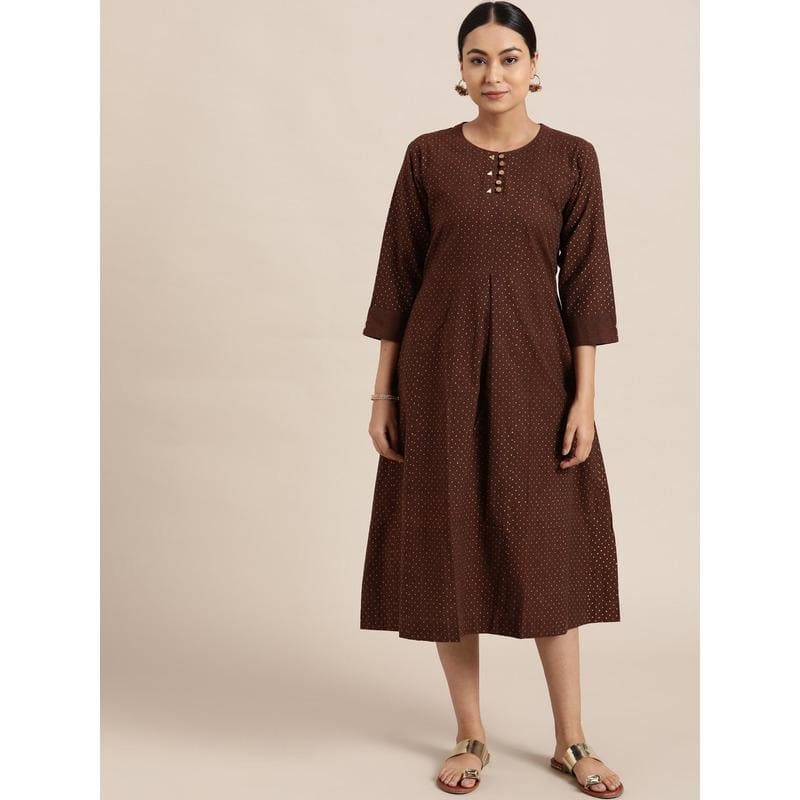 Brown block Print Cotton Dress - Charkha TalesBrown block Print Cotton Dress