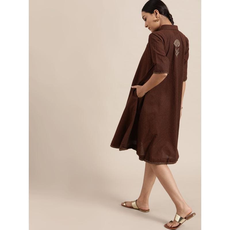 Brown block Print Cotton Dress - Charkha TalesBrown block Print Cotton Dress