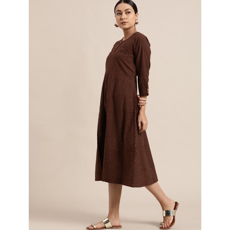 Brown block Print Cotton Dress - Charkha TalesBrown block Print Cotton Dress