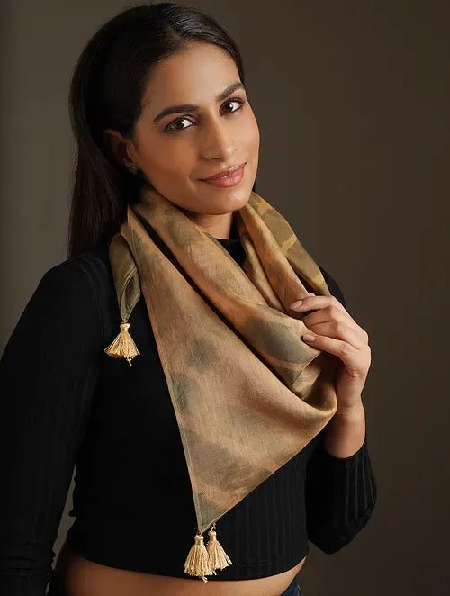 Brown Clamp Dye Chanderi Silk Scarf - Charkha TalesBrown Clamp Dye Chanderi Silk Scarf
