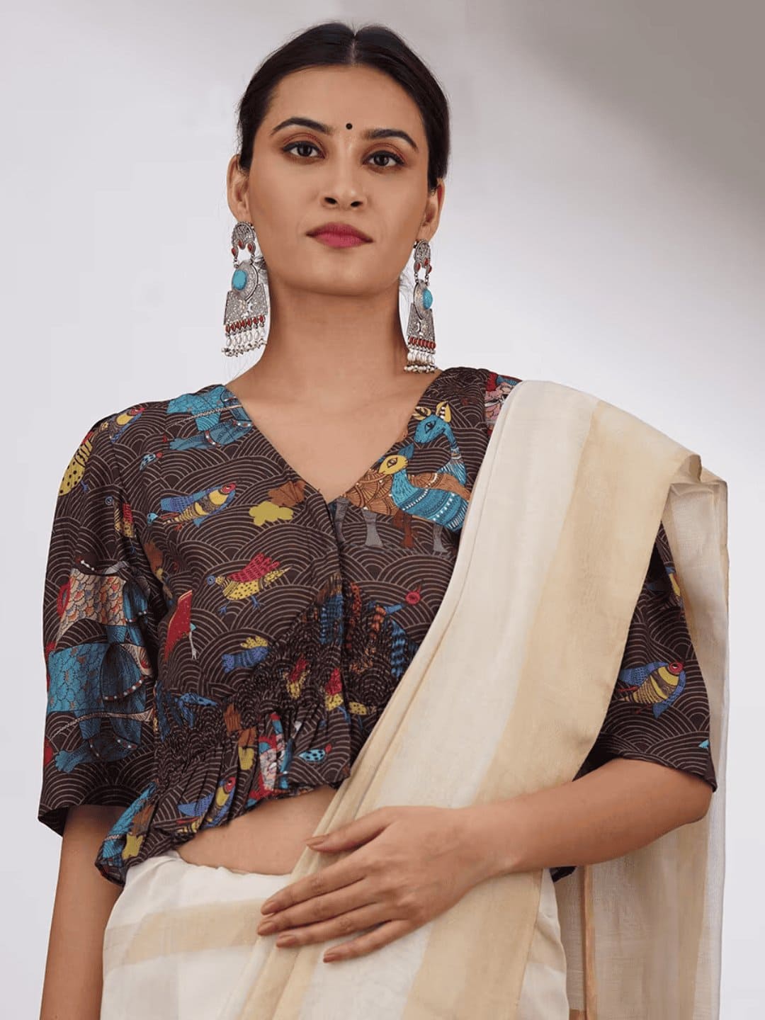 Brown Digital Mulberry Silk Blouse - Charkha TalesBrown Digital Mulberry Silk Blouse