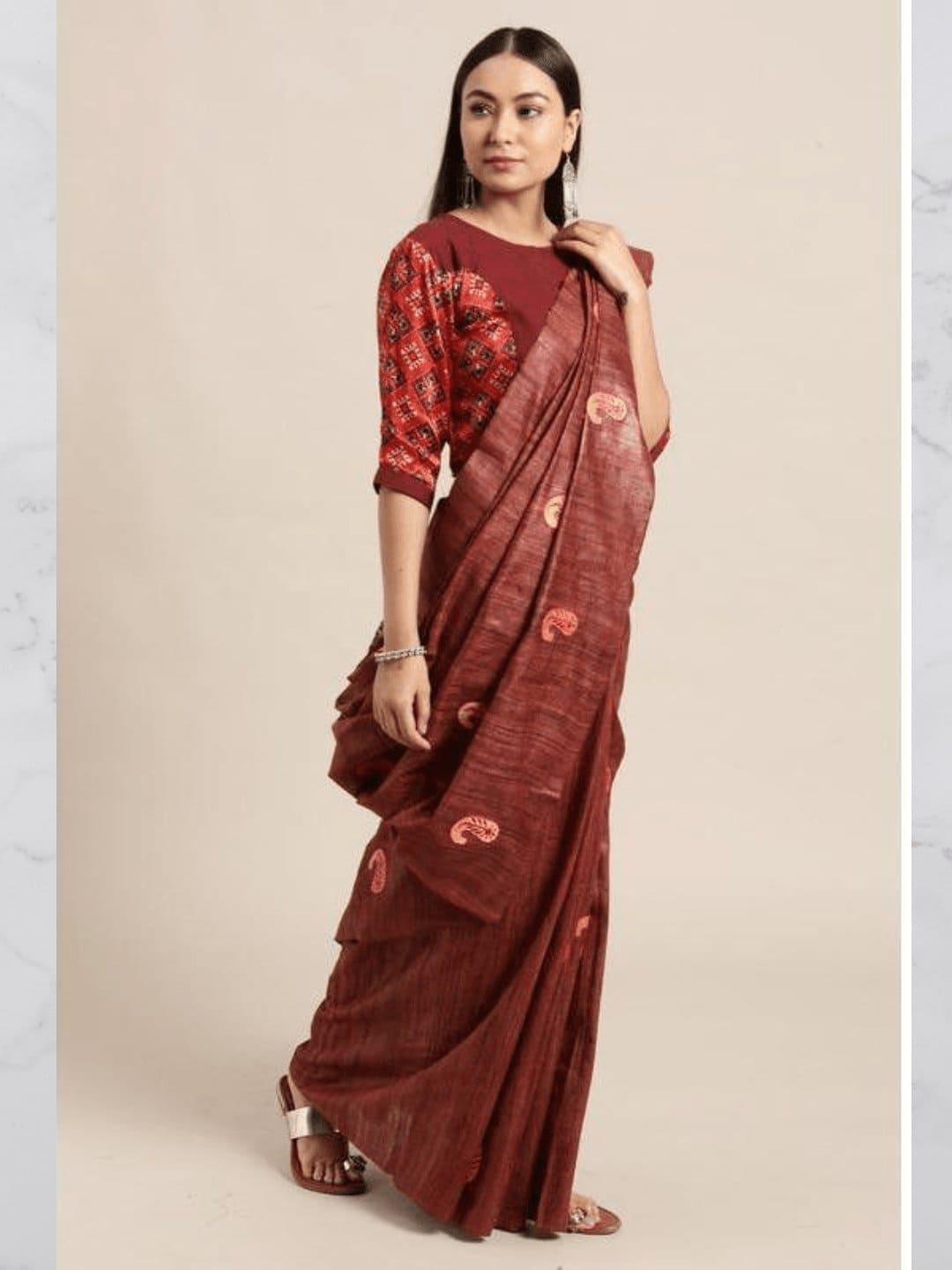 Brown Embroidered Butta Saree - Charkha TalesBrown Embroidered Butta Saree