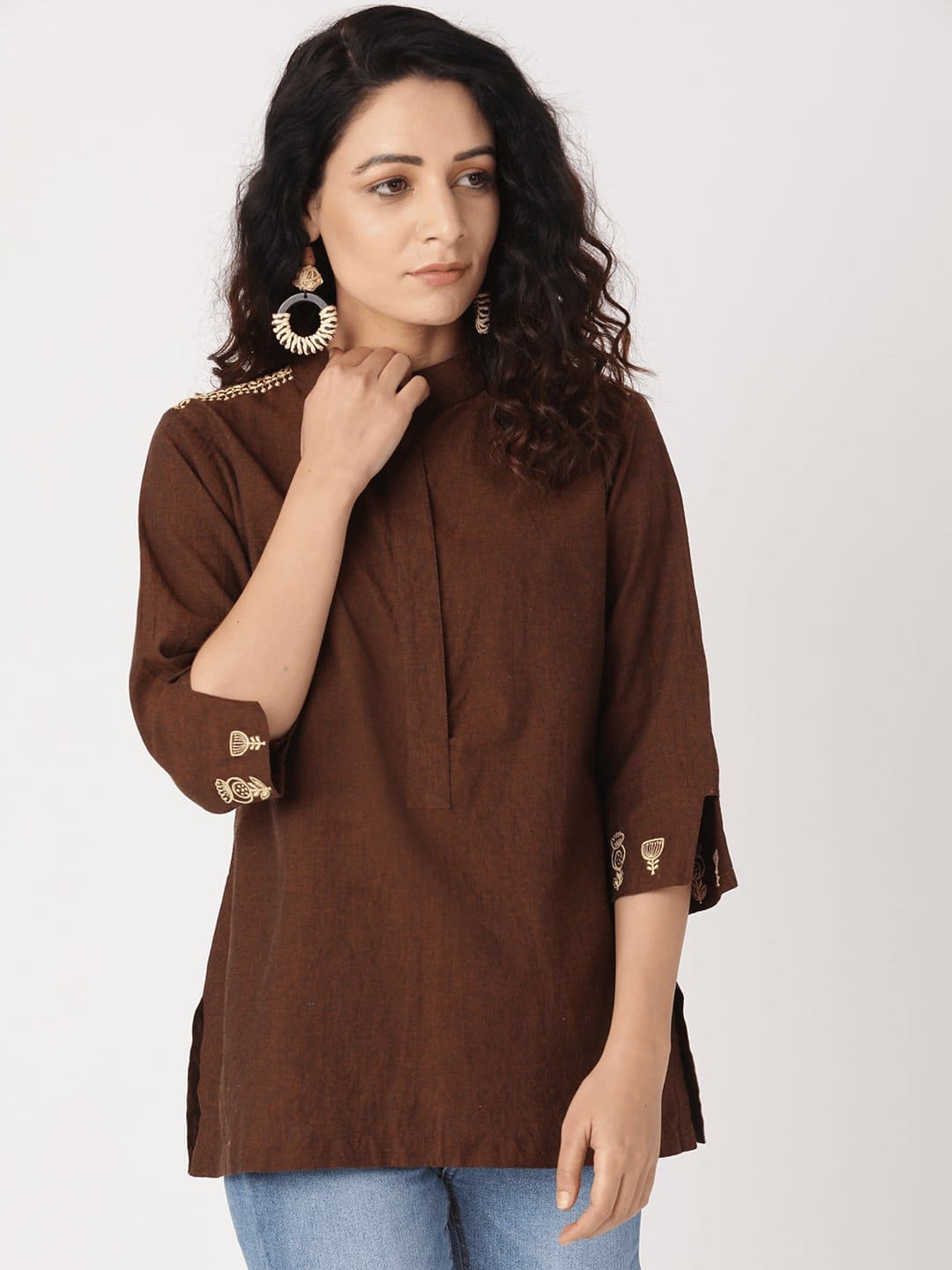 Brown embroidered Nordic Top - Charkha TalesBrown embroidered Nordic Top