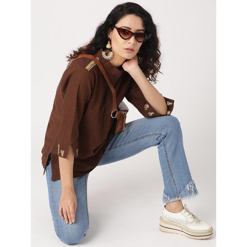 Brown embroidered Nordic Top - Charkha TalesBrown embroidered Nordic Top