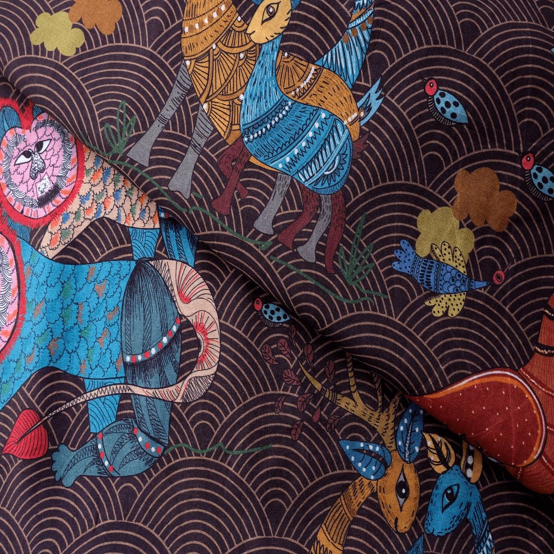 Brown Gond Print Silk Fabric - Charkha TalesBrown Gond Print Silk Fabric