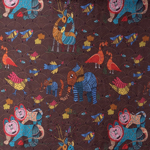 Gond Print Silk Fabric - Brown