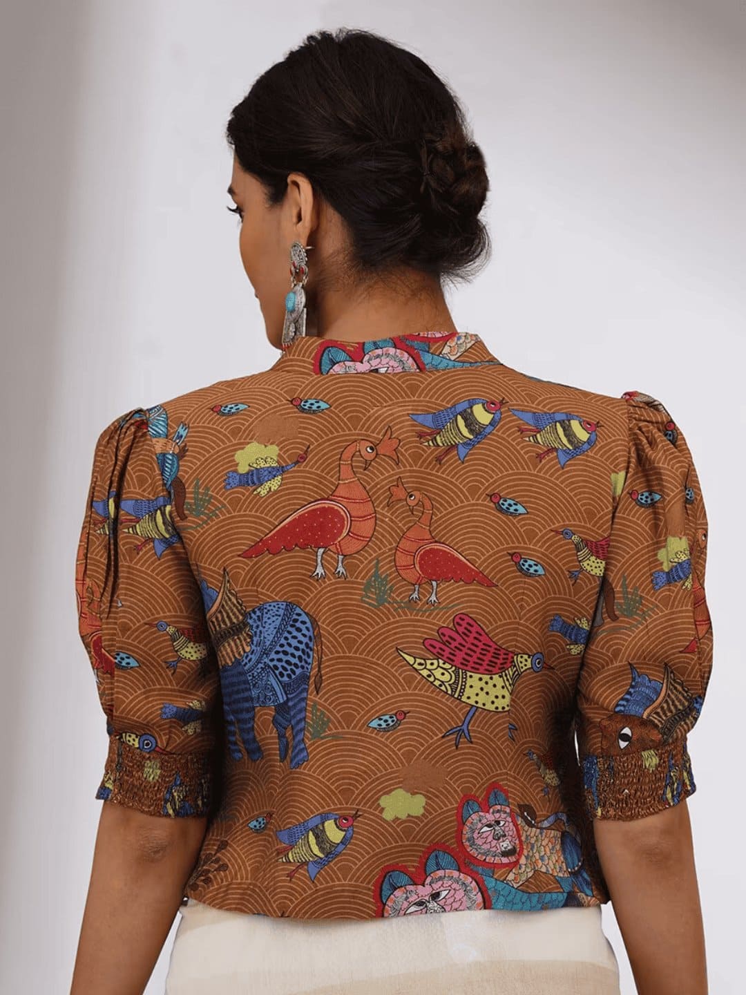 Brown Gondh Print Silk Blouse - Charkha TalesBrown Gondh Print Silk Blouse
