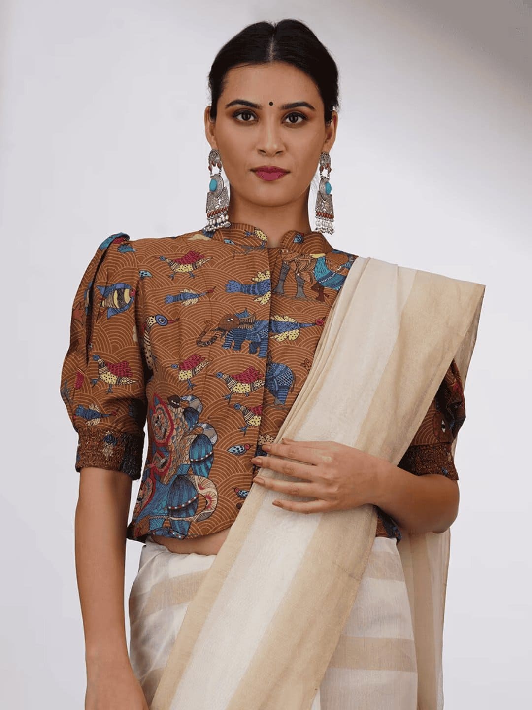 Brown Gondh Print Silk Blouse - Charkha TalesBrown Gondh Print Silk Blouse