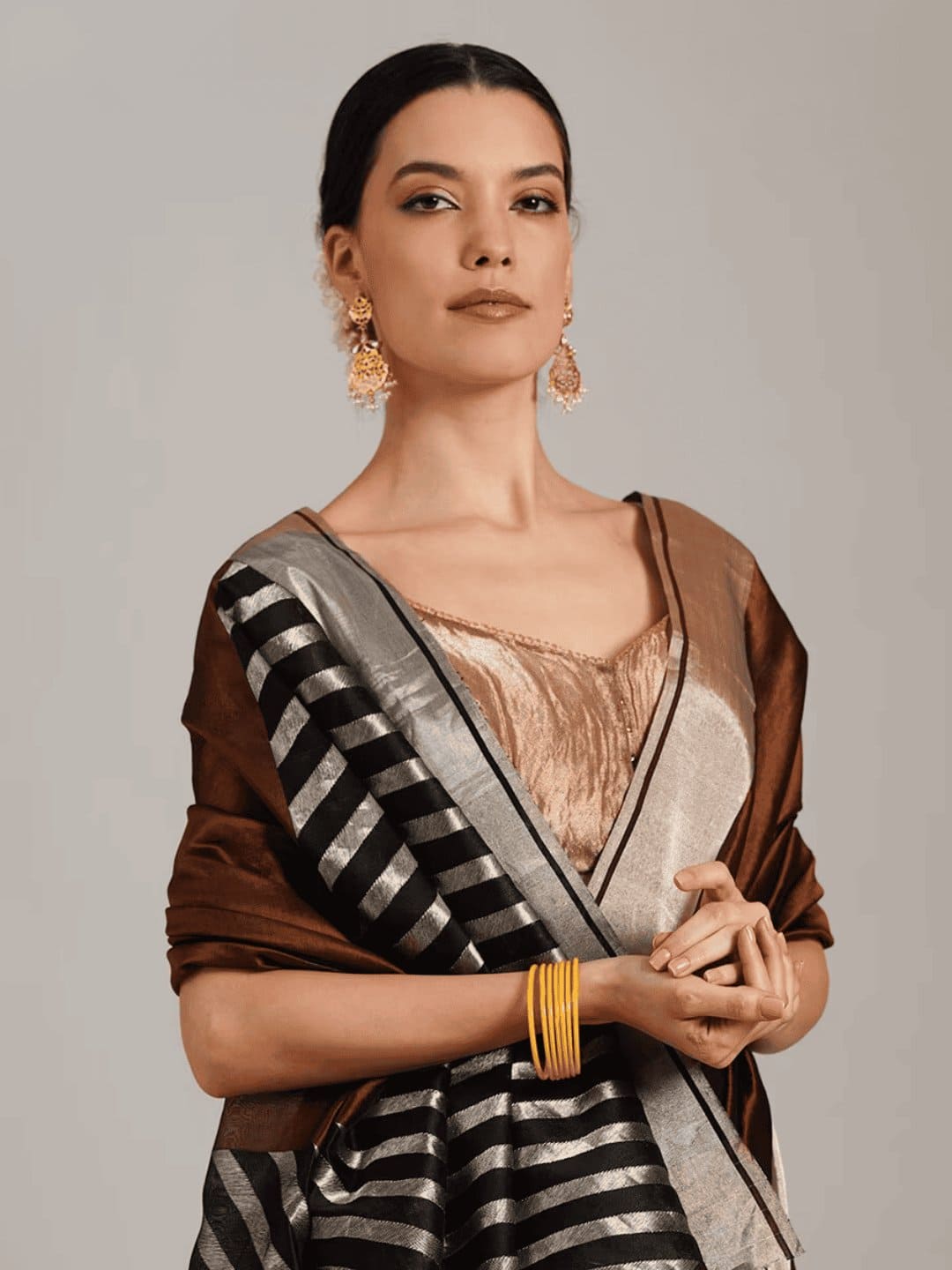 Brown Silk Chanderi Saree - Charkha TalesBrown Silk Chanderi Saree