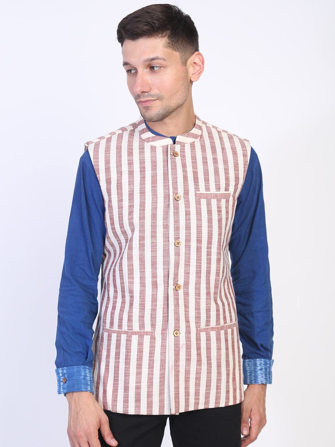 Brown Striped Cotton Men Sadri - Charkha TalesBrown Striped Cotton Men Sadri