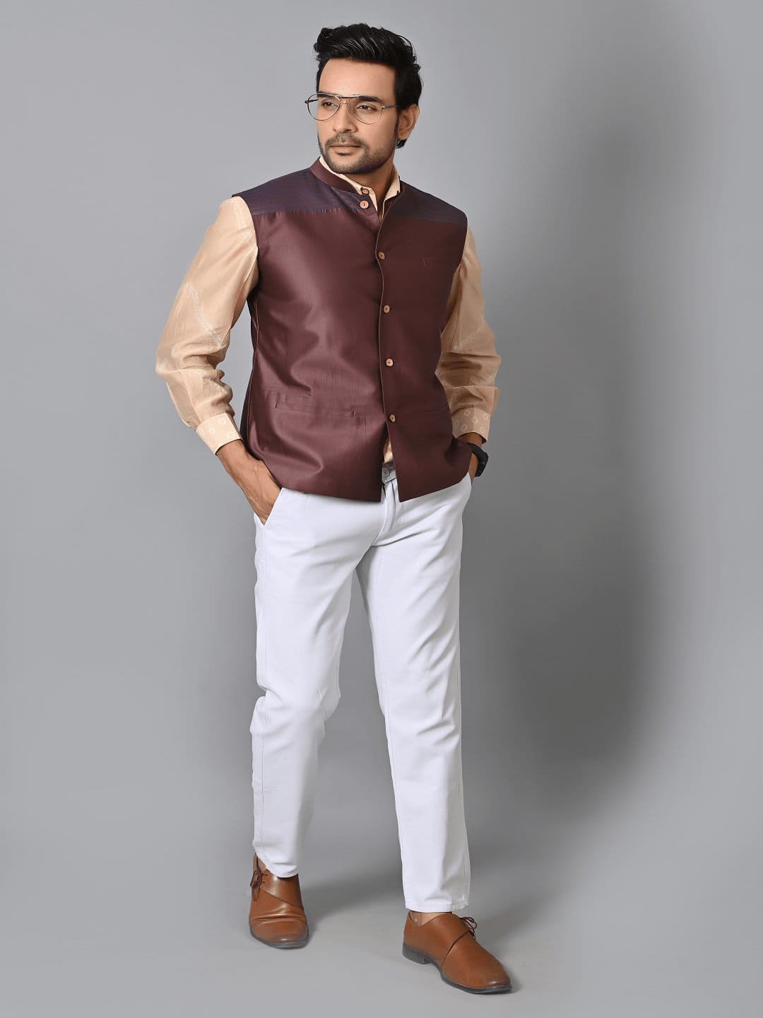 Brown Striped Silk Nehru Jacket - Charkha TalesBrown Striped Silk Nehru Jacket