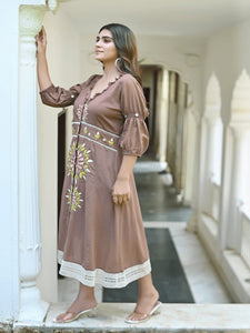 Utsav Chikankari Front Open Dress - Brown