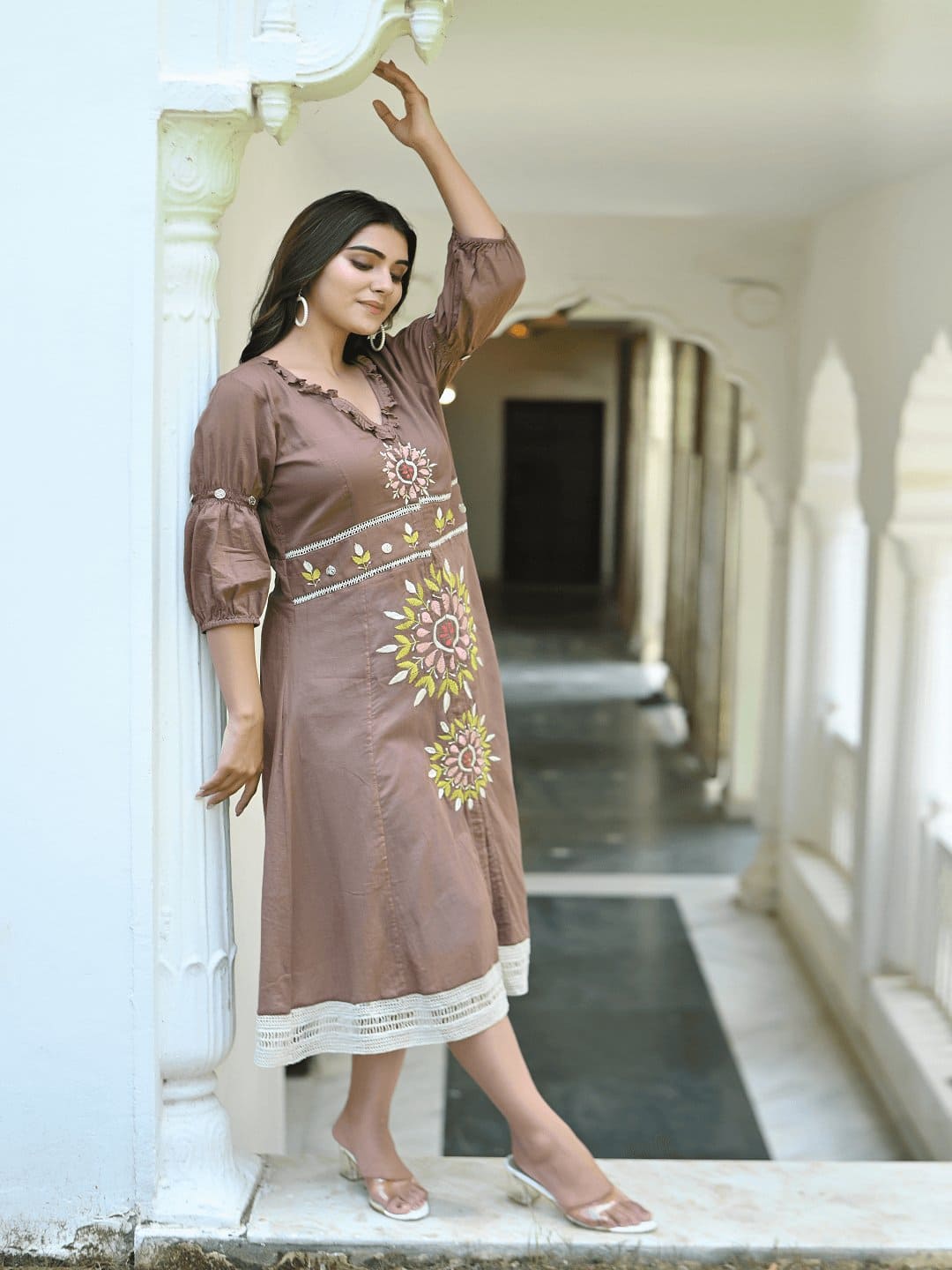 Brown Utsav Chikankari Front Open Dress - Charkha TalesBrown Utsav Chikankari Front Open Dress