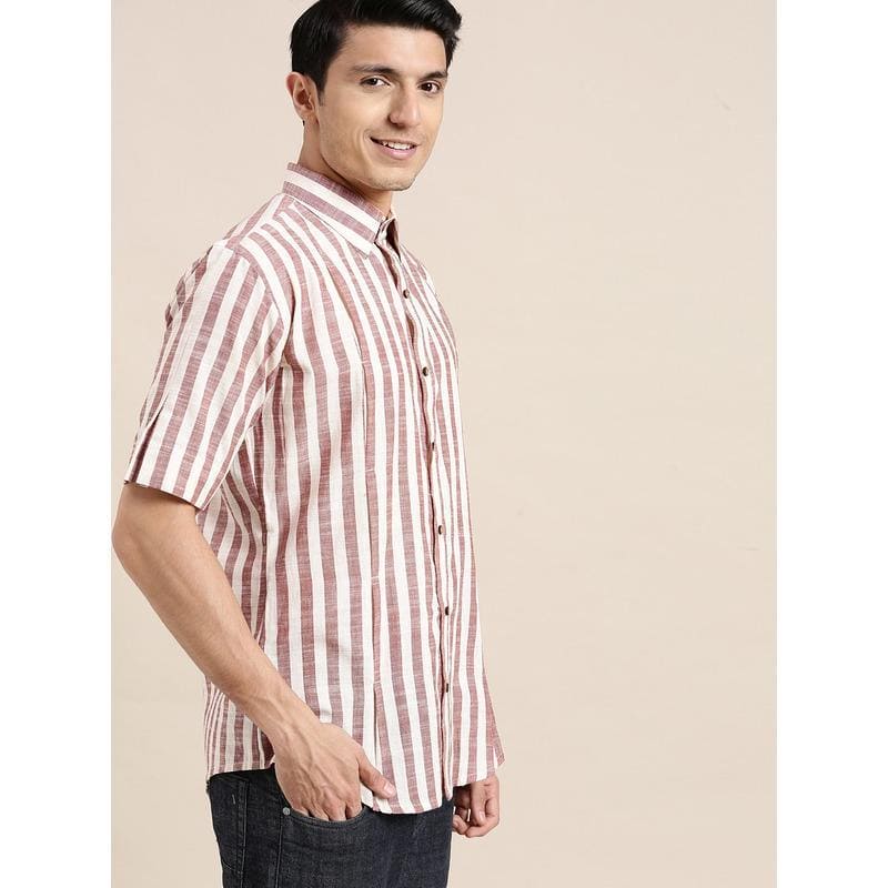 Brown & White Striped Men Shirt - Charkha TalesBrown & White Striped Men Shirt