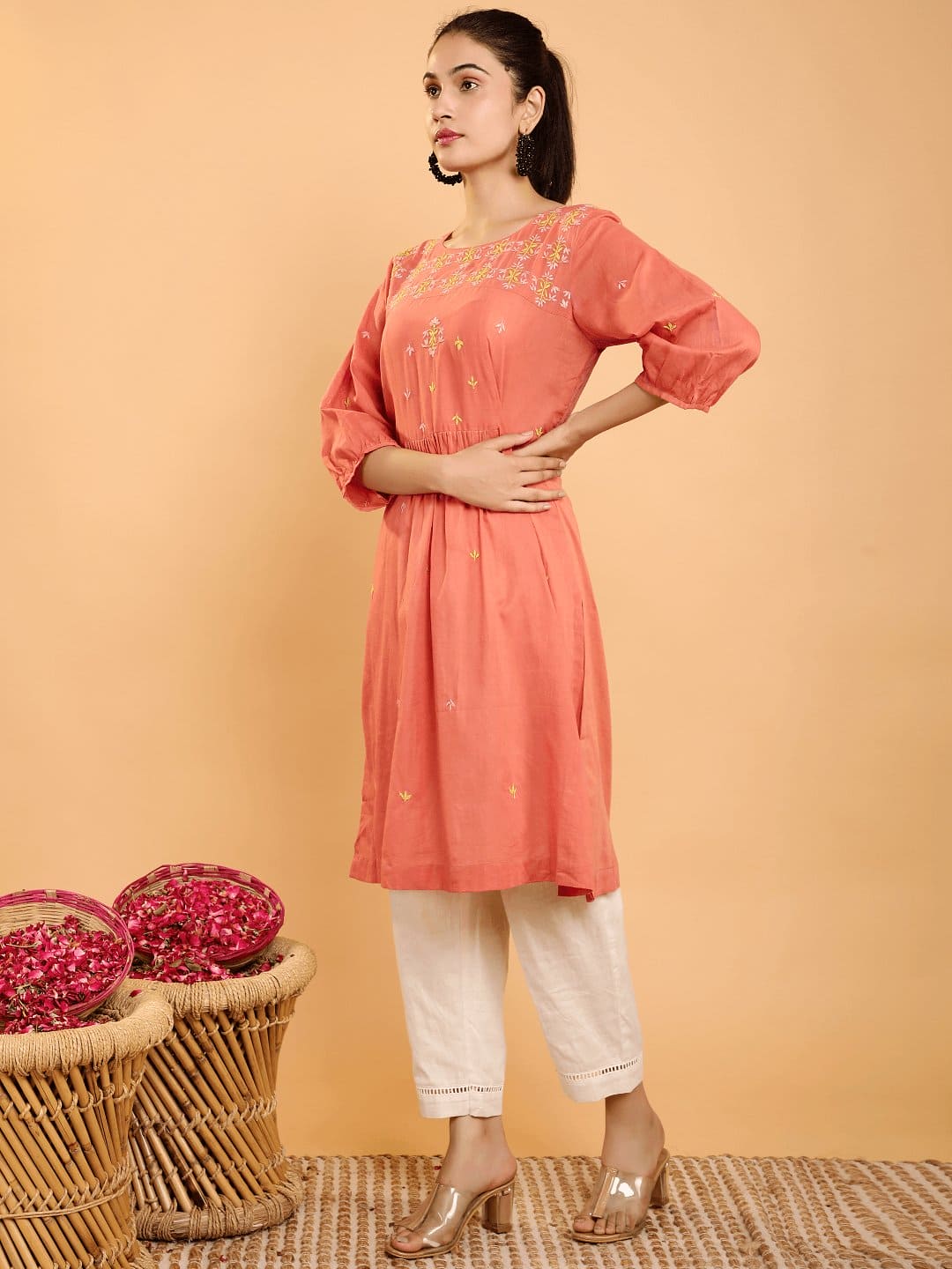 Coral Red Boho Chikankari Kurta Set - Charkha TalesCoral Red Boho Chikankari Kurta Set