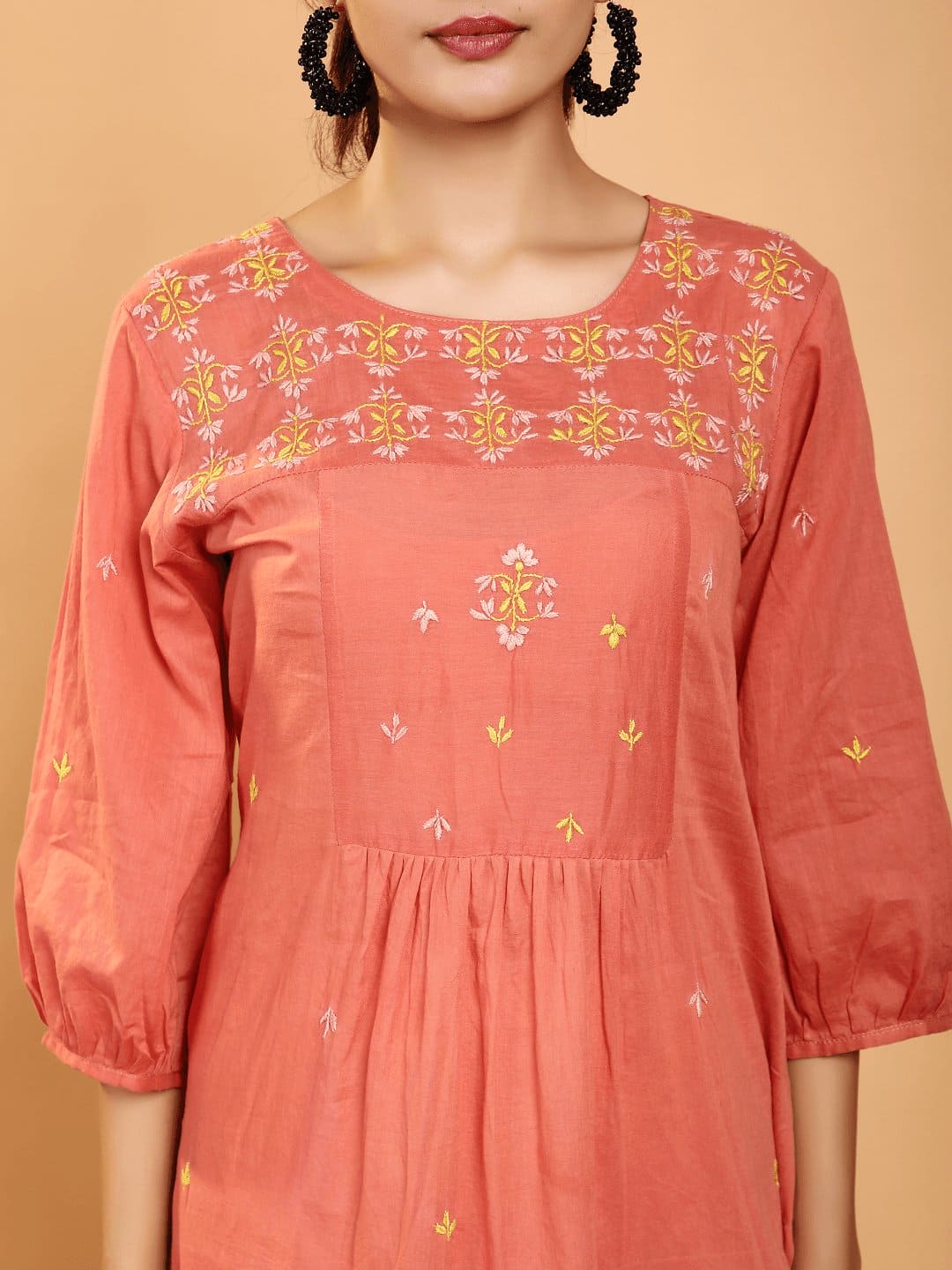 Coral Red Boho Chikankari Kurta Set - Charkha TalesCoral Red Boho Chikankari Kurta Set