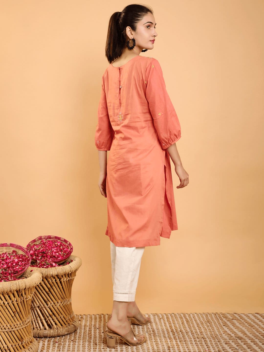 Coral Red Boho Chikankari Kurta Set - Charkha TalesCoral Red Boho Chikankari Kurta Set
