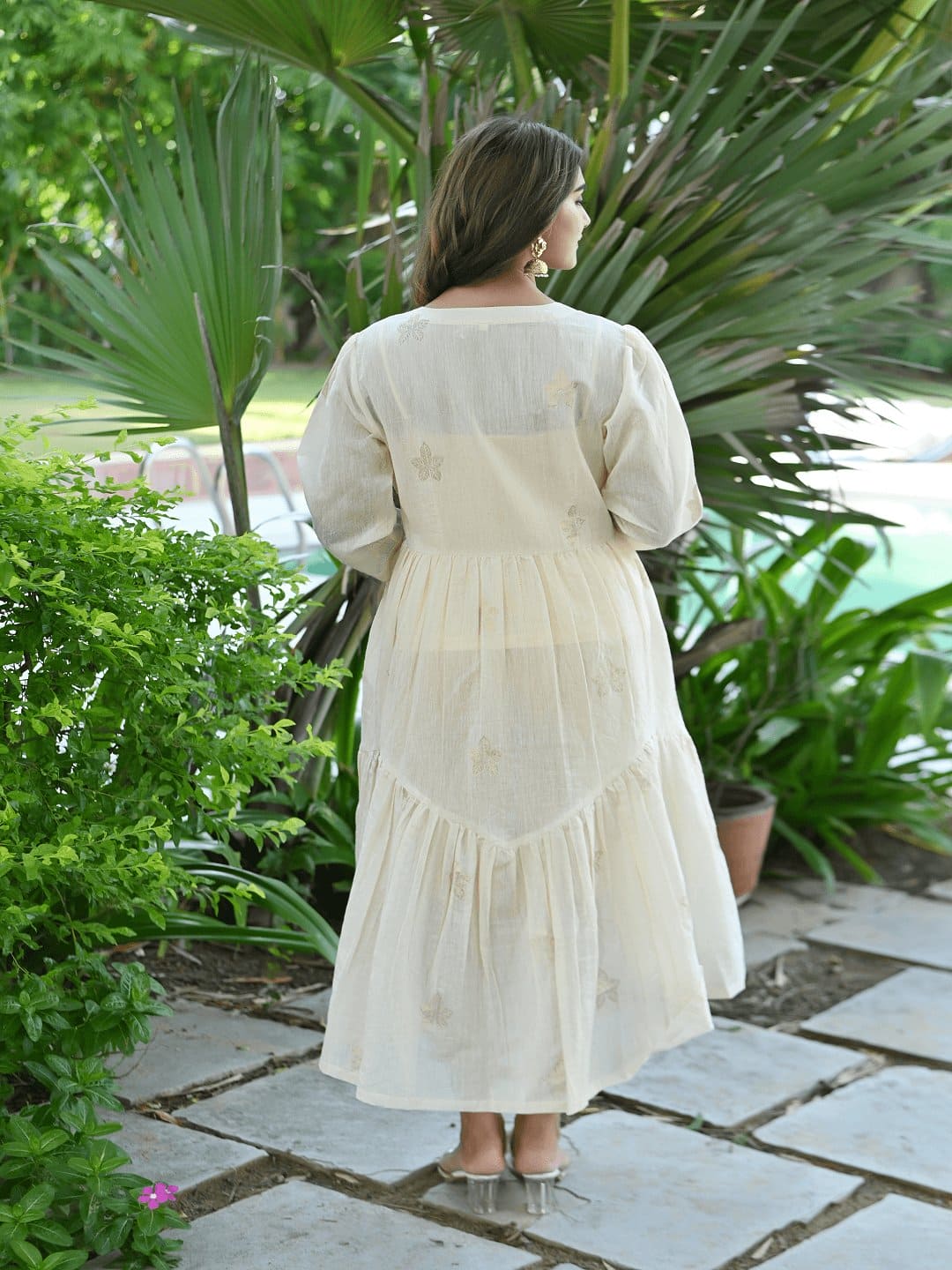 Dainty Dazzle Flared Dress for Women - Off-White Elegance  Charkha Tales