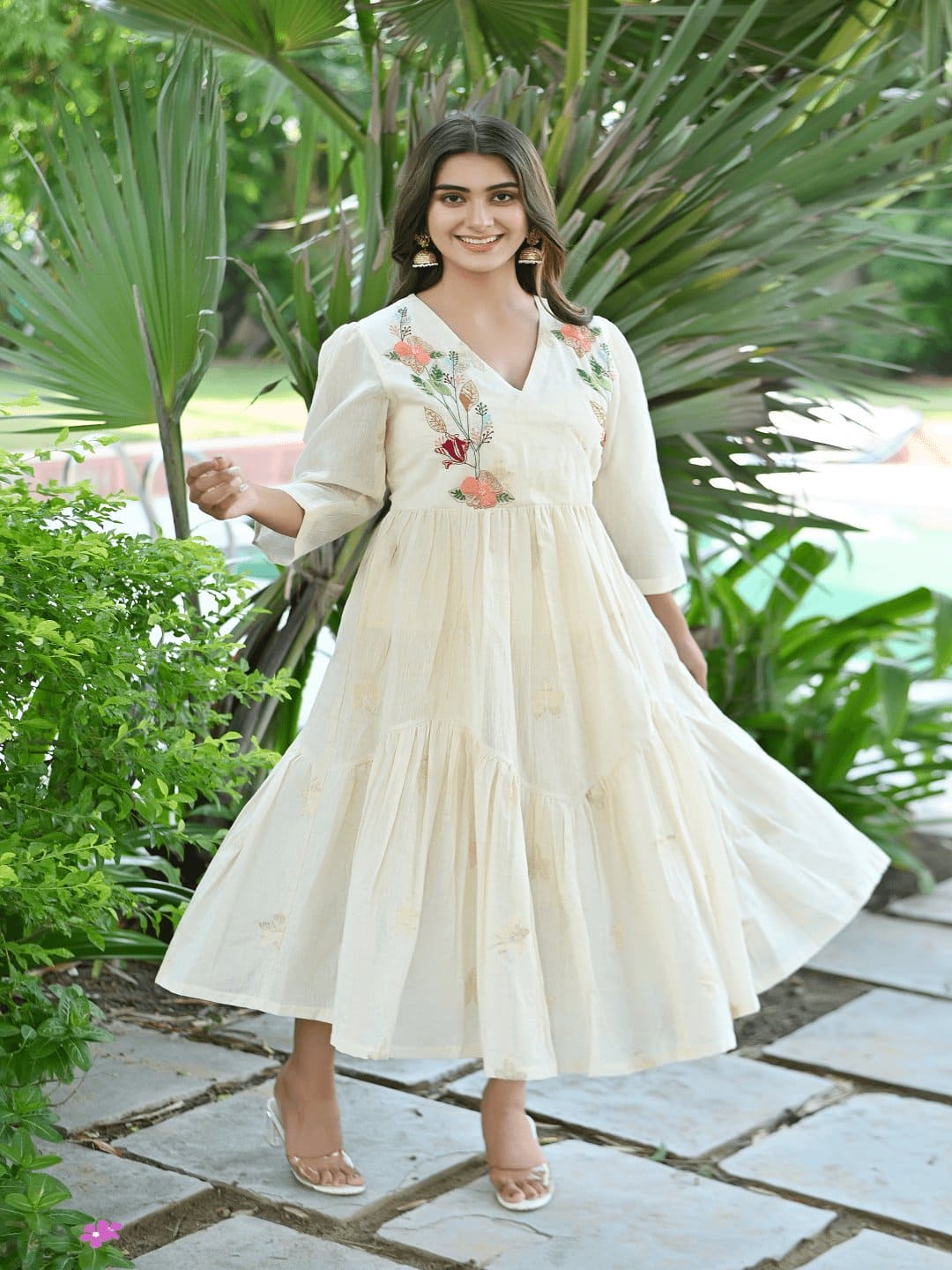 Dainty Dazzle Flared Dress for Women - Off-White Elegance  Charkha Tales