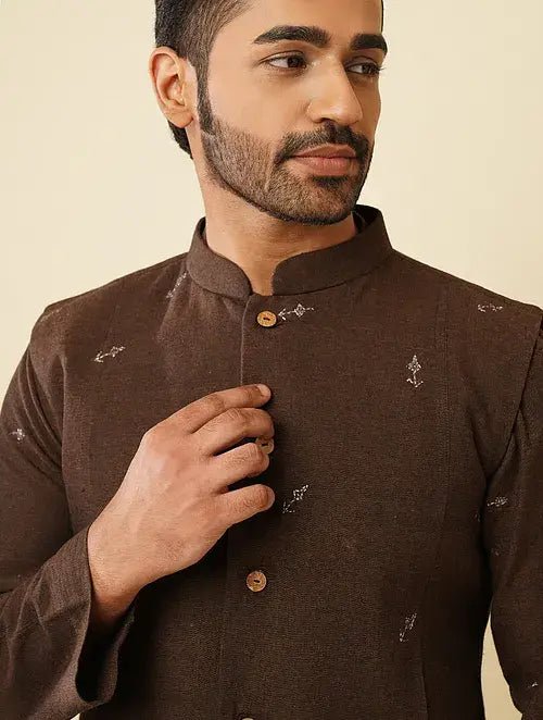 Dark Brown Cotton Nehru Jacket - Charkha TalesDark Brown Cotton Nehru Jacket