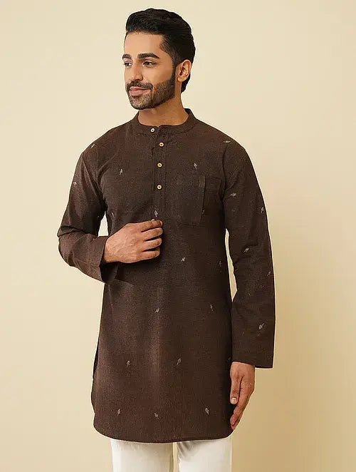 Dark Brown Khadi Cotton Kurta with Jacket (Set of 2) - Charkha TalesDark Brown Khadi Cotton Kurta with Jacket (Set of 2)