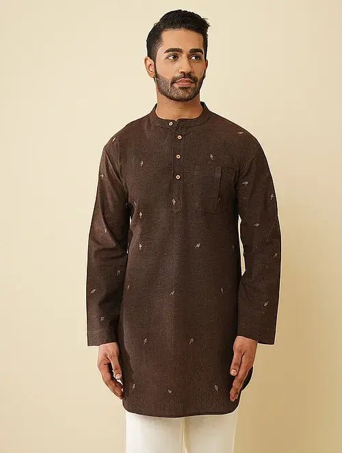 Dark Brown Khadi Cotton Kurta with Jacket (Set of 2) - Charkha TalesDark Brown Khadi Cotton Kurta with Jacket (Set of 2)