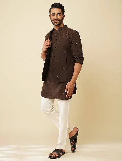 Dark Brown Khadi Cotton Kurta with Jacket (Set of 2) - Charkha TalesDark Brown Khadi Cotton Kurta with Jacket (Set of 2)