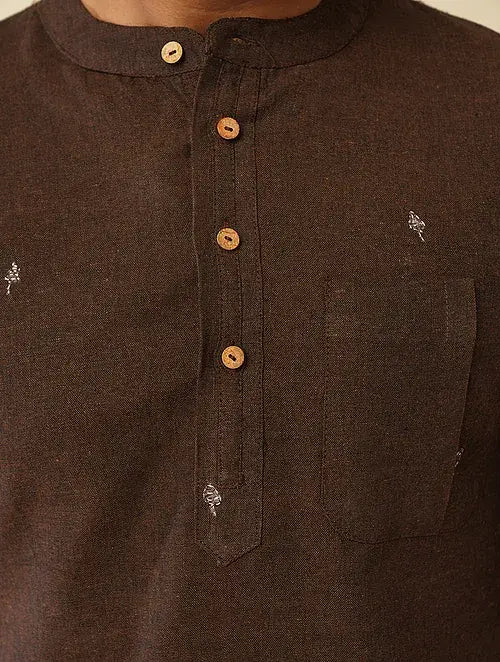 Dark Brown Khadi Cotton Kurta with Jacket (Set of 2) - Charkha TalesDark Brown Khadi Cotton Kurta with Jacket (Set of 2)