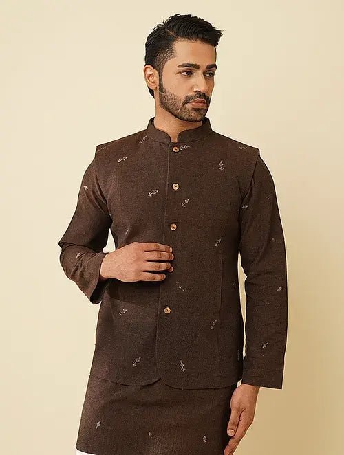 Dark Brown Khadi Cotton Kurta with Jacket (Set of 2) - Charkha TalesDark Brown Khadi Cotton Kurta with Jacket (Set of 2)