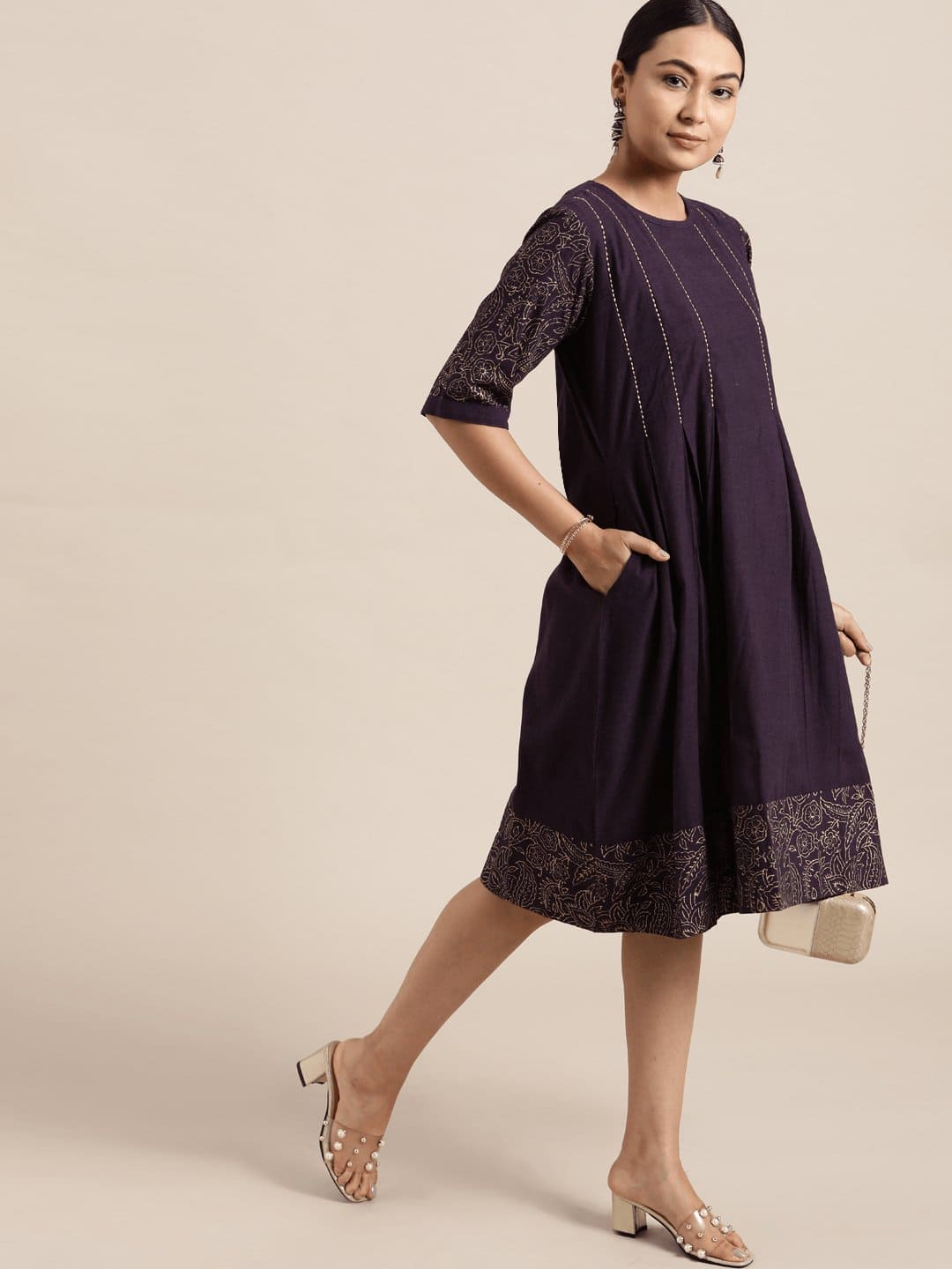 Dark Purple Block print Cotton Dress - Charkha TalesDark Purple Block print Cotton Dress