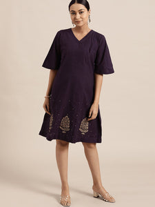 Block print Dress - Dark Purple