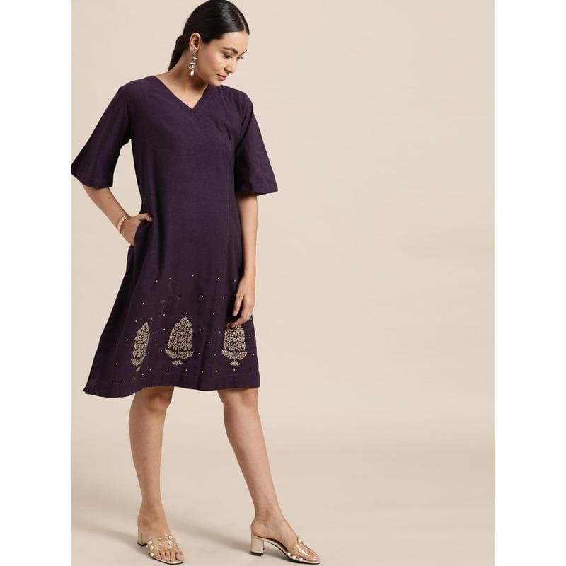 Dark Purple block print Dress - Charkha TalesDark Purple block print Dress