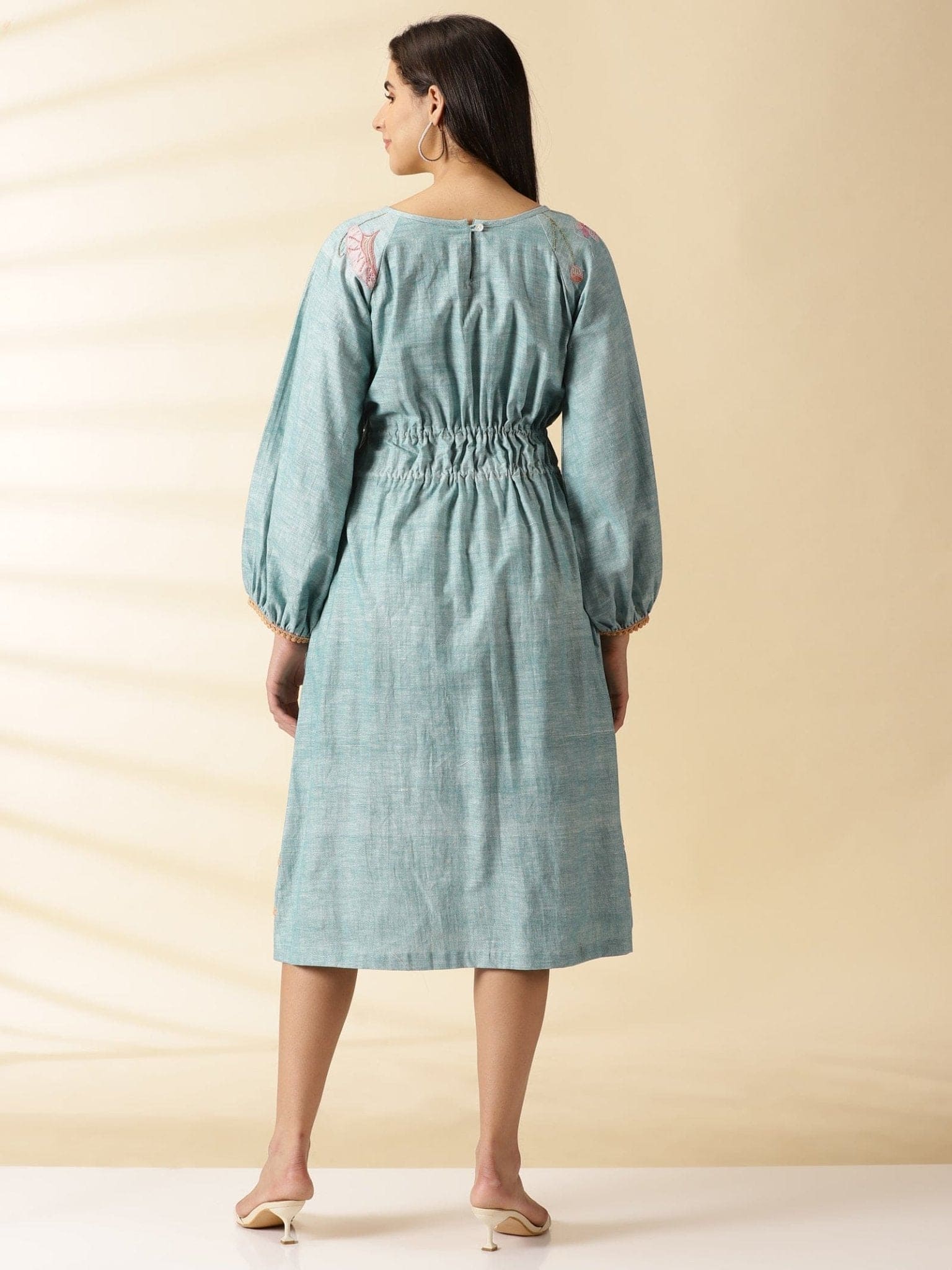 Dust Blue Hand Stitched Lotus Dress - Charkha TalesDust Blue Hand Stitched Lotus Dress