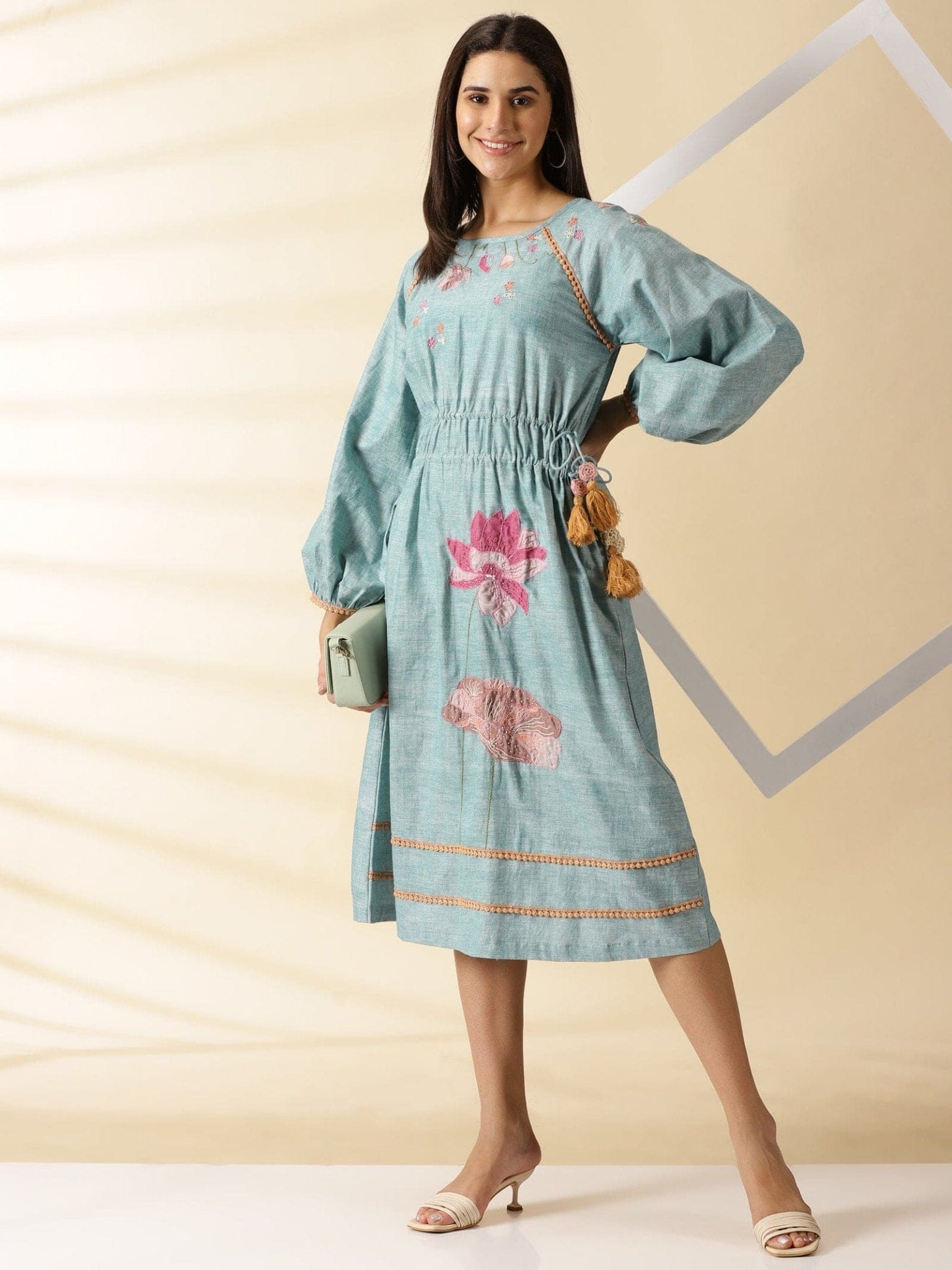 Dust Blue Hand Stitched Lotus Dress - Charkha TalesDust Blue Hand Stitched Lotus Dress